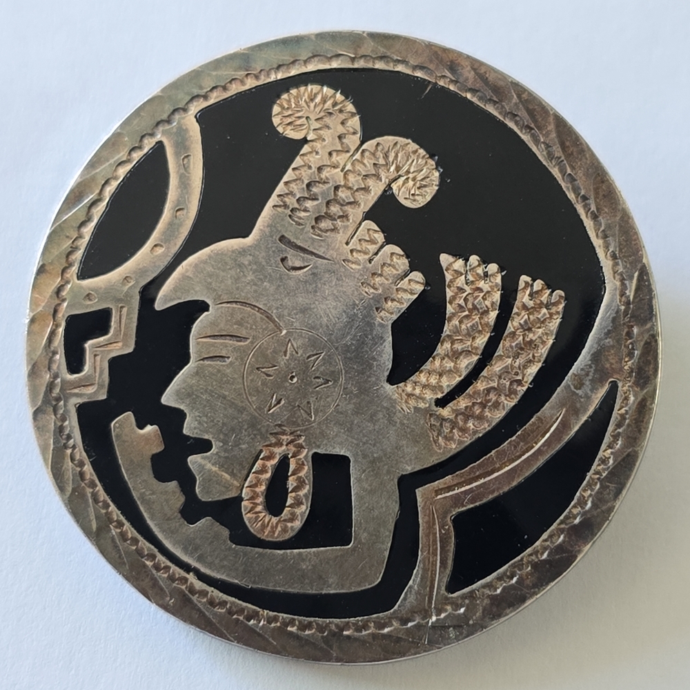 Vintage Mexico Sterling Silver Marked Inlay Ethnic Aztec Mayan Brooch